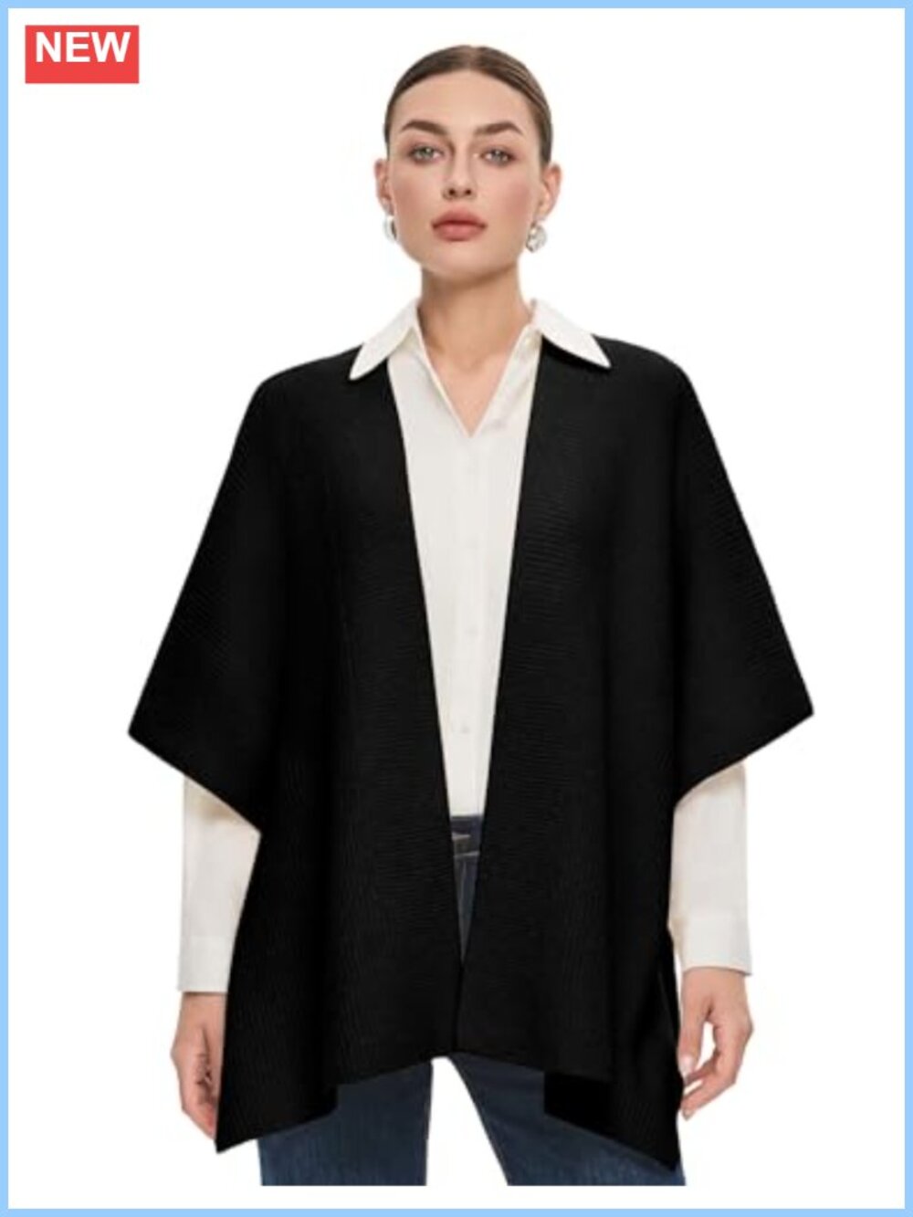 Ribbed Knit Open Front Shawl Wrap Poncho Cape